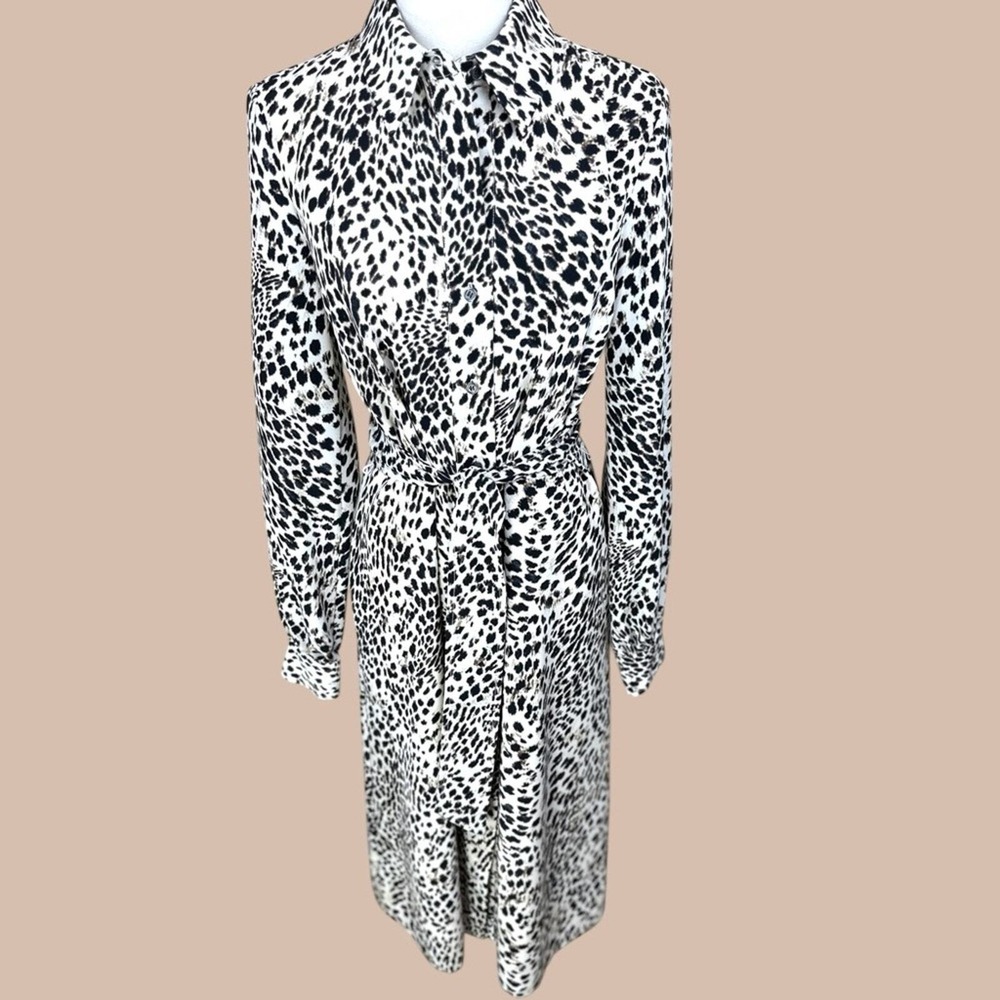 LDT Leopard Print Shirt Dress 4 White Black Excellent Tie Waist Long Sleeve